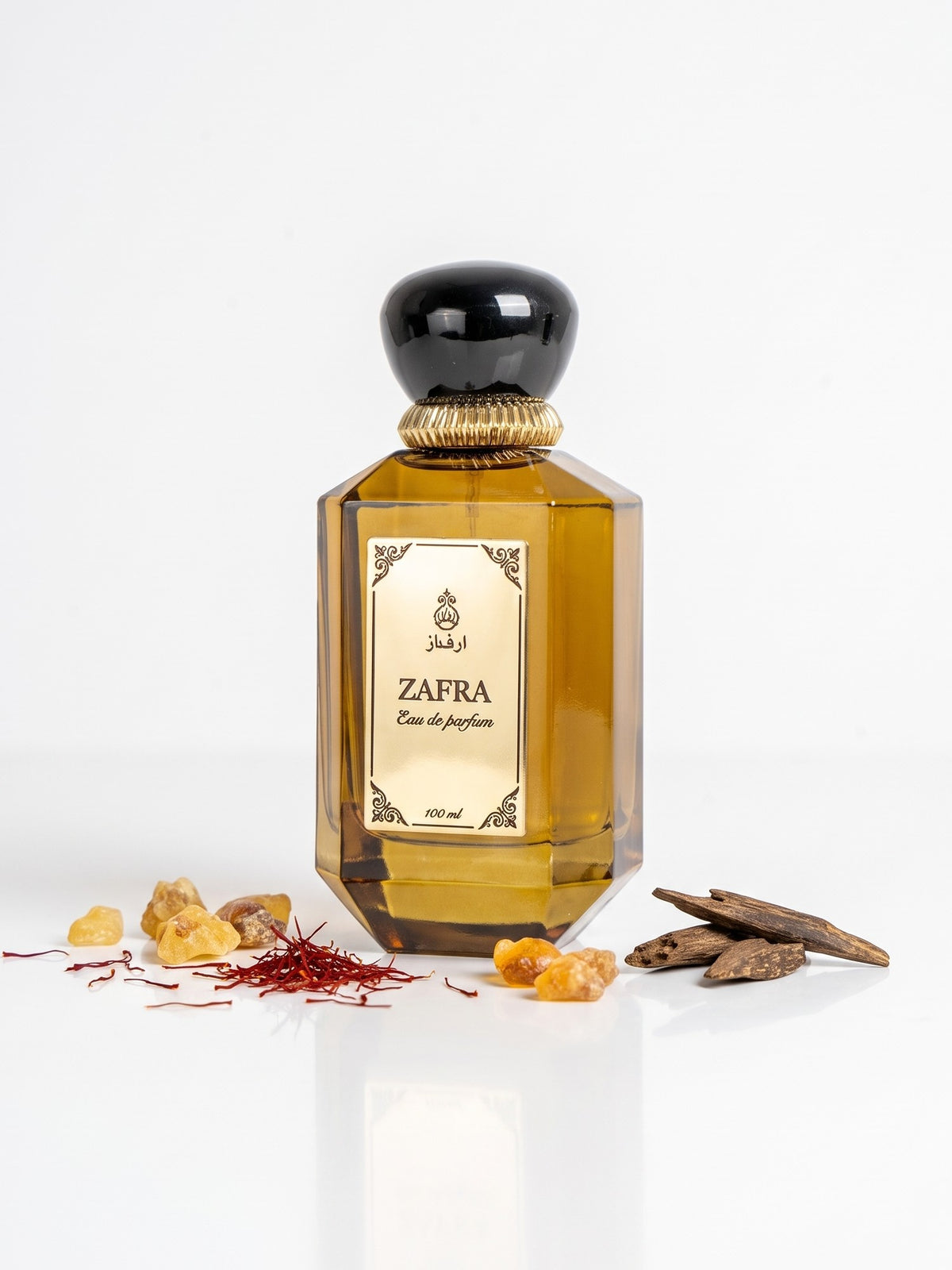 ZAFRA Eau de parfum 100 ml, sticlă maro / ambră — cu ingrediente