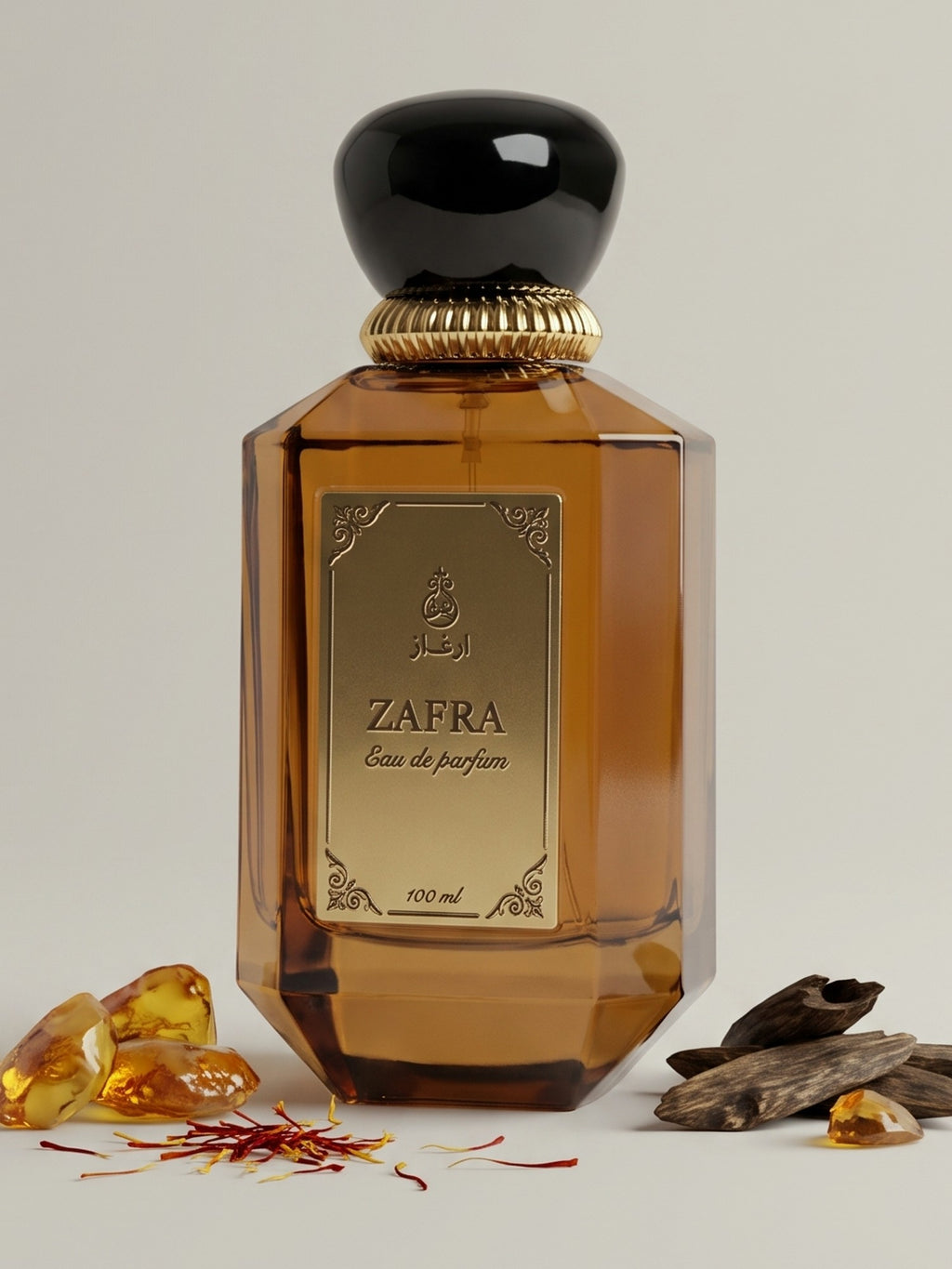 ZAFRA Eau de parfum 100 ml, sticlă maro / ambră — cu ingrediente