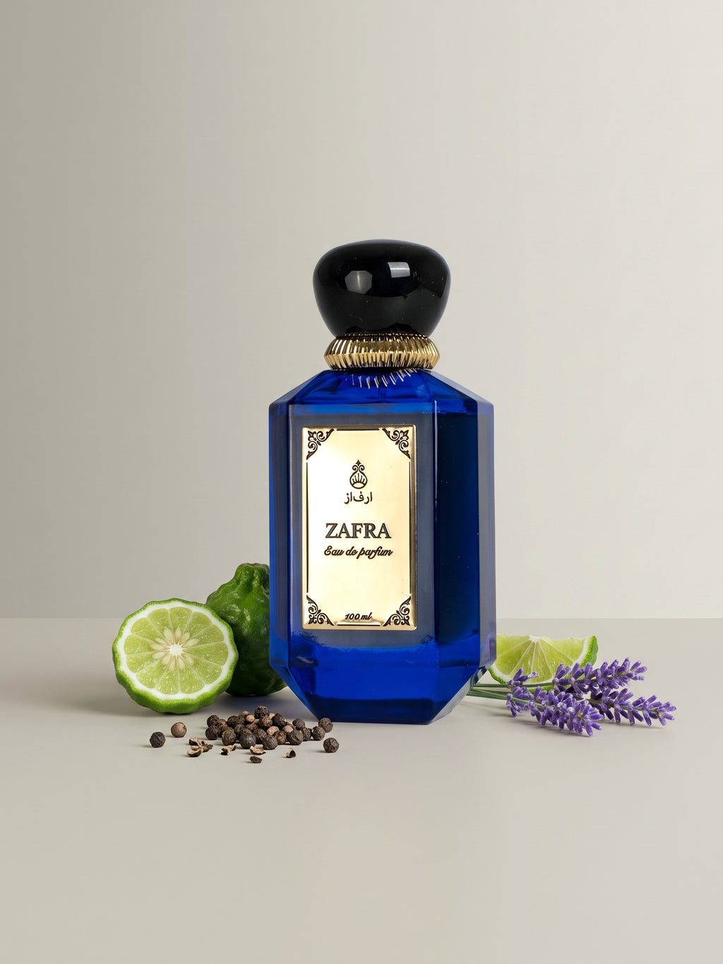 ZAFRA Eau de parfum 100 ml, sticlă albastră — cu ingrediente