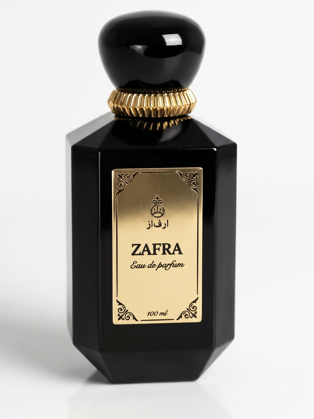ZAFRA Eau de parfum 100 ml, sticlă neagră — detaliu etichetă și capac