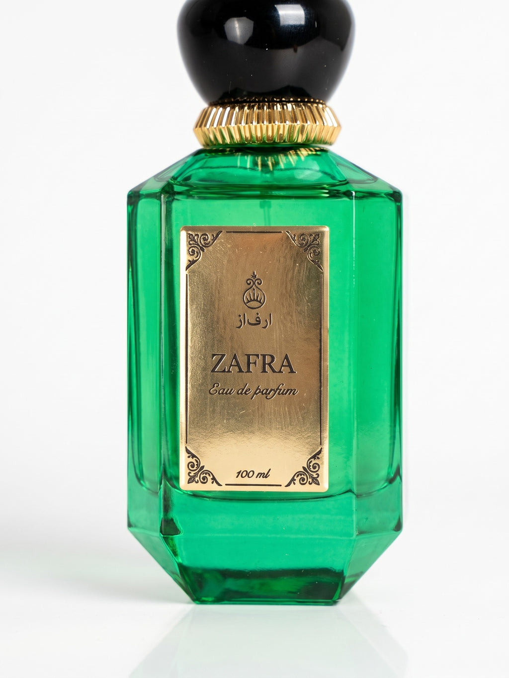 ZAFRA Eau de parfum 100 ml, sticlă verde — detaliu etichetă și capac